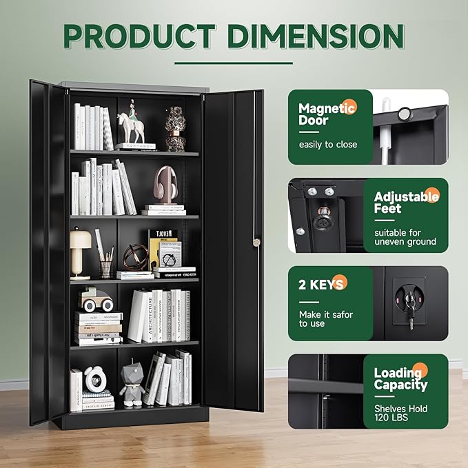 Metal Garage Storage Cabinets with Lock Door and Adjustable Shelves, Steel Tool Cabinets for Home,Office,Warehouse Organisieren (Black, 72" H)