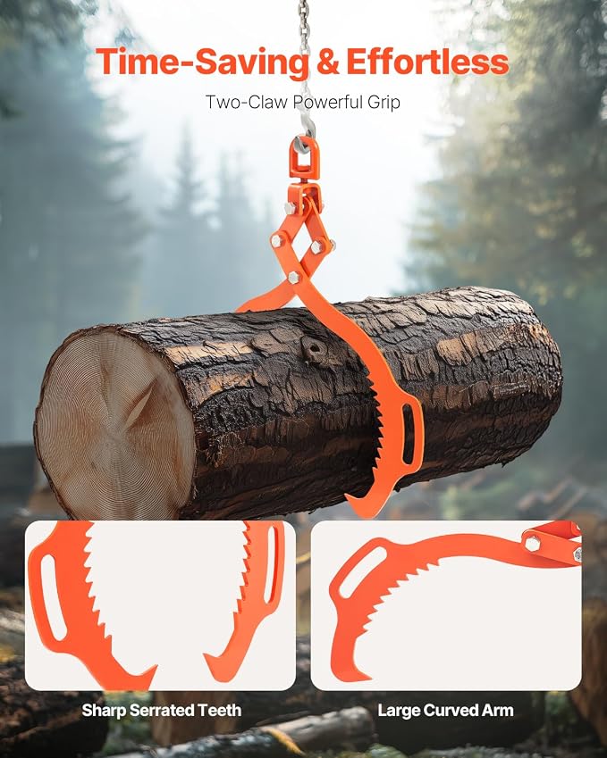 VEVOR Log Lifting Tongs 28in, 2 Serrated Claw Hook Log Tongs, Heavy Duty Steel Swivel Dragging Tongs, 1100LBS Log Grapple with Handles, Lumber Log Skidding Tongs for Tractors, Trucks, Forklifts, ATVs