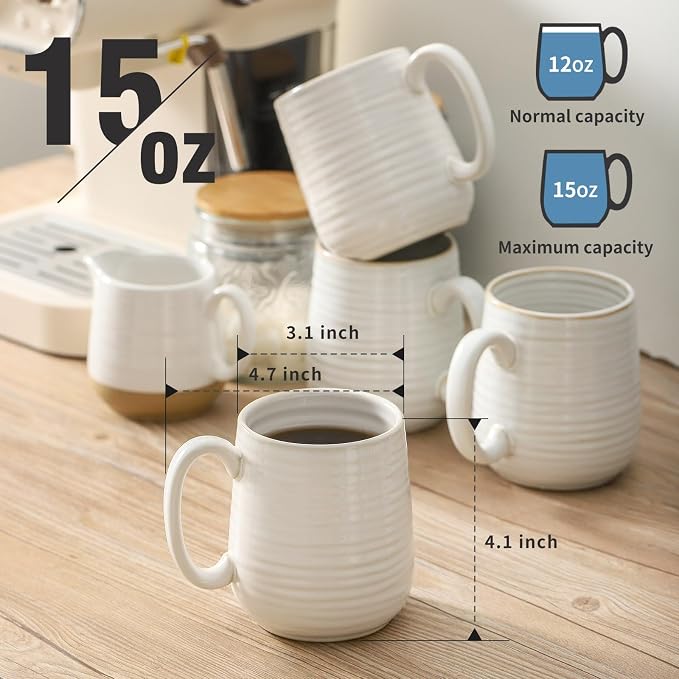 HASENSE Coffee Mugs, 15oz Ceramic Coffee Cups Set of 4, Clay-Infused White | Large Tea Cup with Comfortable Handle for Milk Cocoa Cappuccino, Prefect for Women Men Gift Dishwasher Microwave Safe