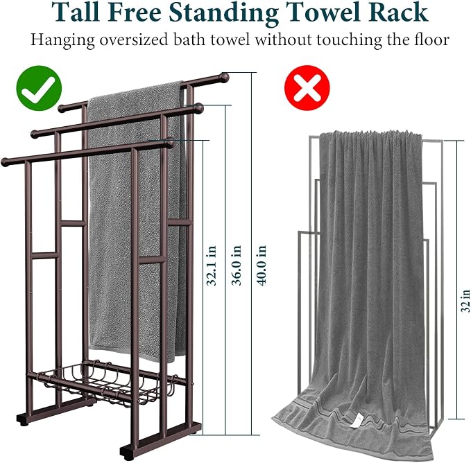Kayfia 40" Tall Standing Towel Racks for Bathroom, 3 Tier Towel Rack Stand with Storage Basket, Blanket Ladder Drying and Display Rack for Oversized Bath Towel, Next to Tub Or Shower