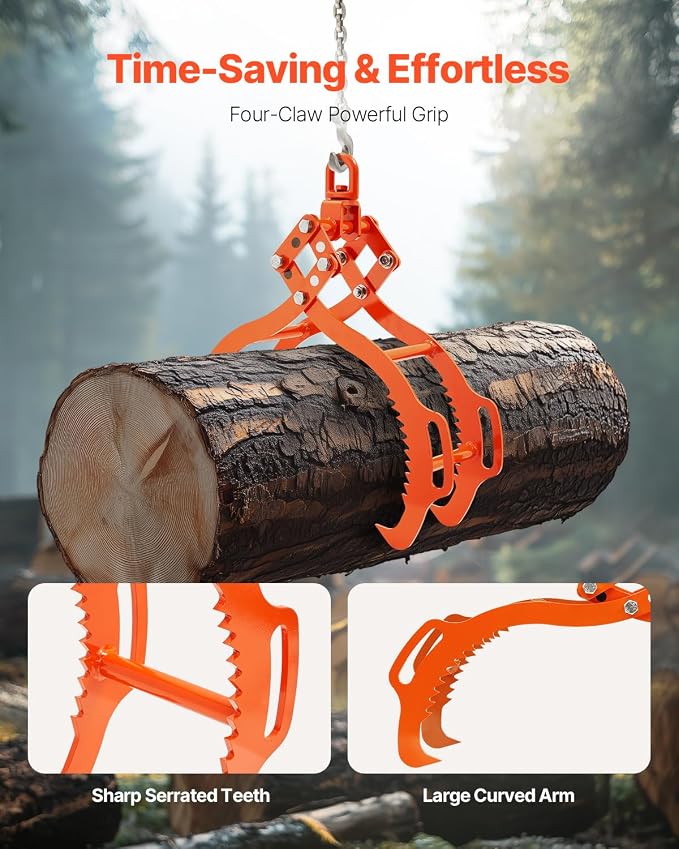 VEVOR Log Lifting Tongs 32in, 4 Serrated Claw Hook Log Tongs, Heavy Duty Steel Swivel Dragging Tongs, 2200LBS Log Grapple with Handles, Lumber Log Skidding Tongs for Tractors, Trucks, Forklifts, ATVs