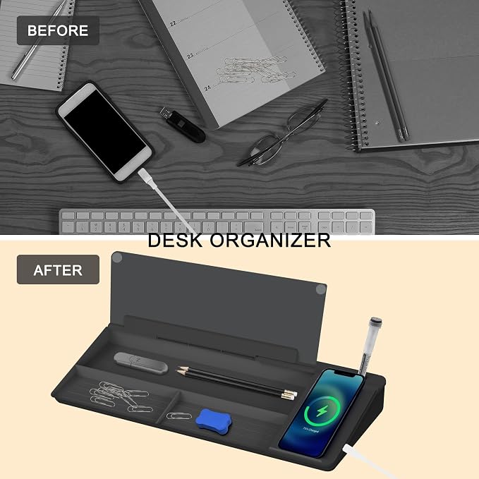 SELEAD Desktop Glass Whiteboard with Wireless Charger Station, Dry Erase Board Computer Pad Keyboard Stand with Organizer Drawer for Home, School, Office Desk Accessories, Black