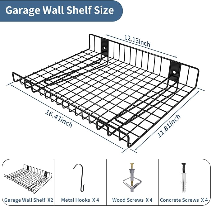 2 Pack Garage Wall Shelf, Wall Mounted Storage Shelves, Heavy Duty Metal Shelves for Room Wall, Loads 80 LBS Floating Shelves Mesh Storage Rack for Garage, Office, Basement,Wall Cabinet and Kitchen