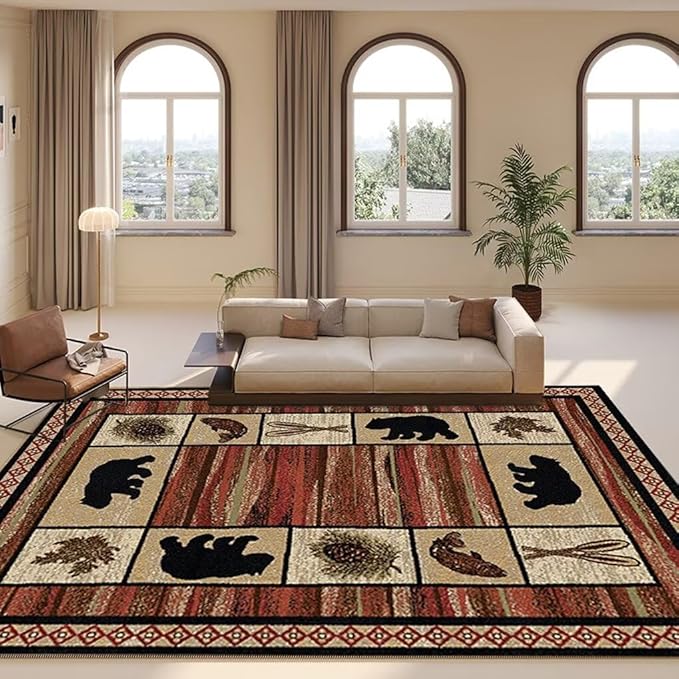 Lodge Native Cabin Bear Rugs 2ftx3ft Abstract Pine Cone Bordered Area Rug for Bathroom Non-Slip Retro Maple Leaves Print Carpet Indoor Floor Pad