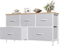 OLIXIS 5 Drawer Dresser for Bedroom, Storage Organizer Unit for Closet | Chest of Drawers for Clothes Storage with Bins, Wide Fabric Bedroom Dresser, Wooden Top, Living Room, Light Grey