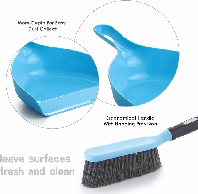 Dustpan with Multi-Purpose Dusting Brush, Dust Pan Set, Brust Set for Cleaning, Cleaning Combo Set, Portable & Easy to Store, Blue
