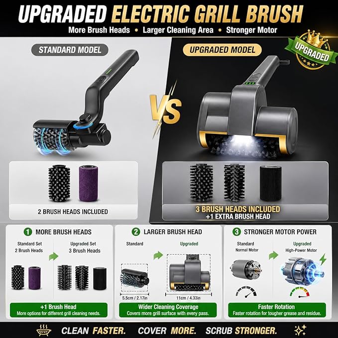 Electric Grill Brush for Outdoor Grill, BBQ Grill Cleaner with 3 Brush Heads, 3-Speed Cordless Rotary Brush, Adjustable Angle, 150-Min Runtime, Grill Cleaning Tool for Barbecue Grates