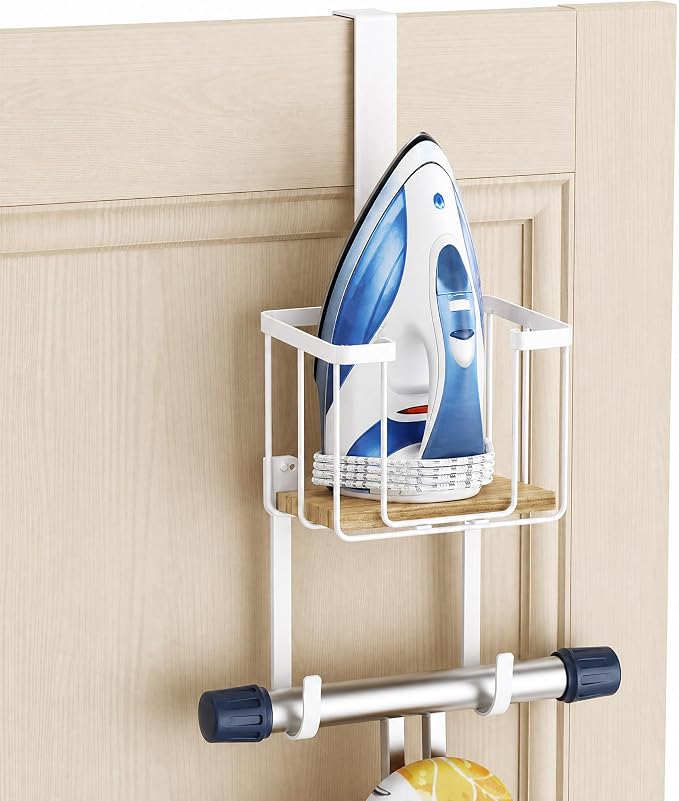 ORLESS Ironing Board Hanger Over Door & Wall Mount, White | 2 in 1 Heavy Duty Iron Board Holder with Storage Basket, Fits T/Y Boards, Laundry Room Space Saver