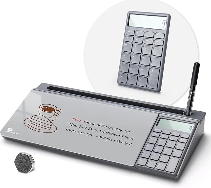 TOWON Desktop Glass Whiteboard with Basic Calculator, 12 Digit LCD Display, Desk Organizers with Accessories for Office, Home, School Supplies, Storage with Dry Erase Board Surface, Gray, 18'' x 6''