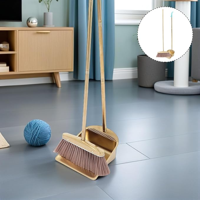 OUNONA 1set Heavy Duty Upright Broom and Dustpan Set with Long Handle and Stainless Steel Construction Includes Built Comb Teeth for Easy Cleaning in Home Office