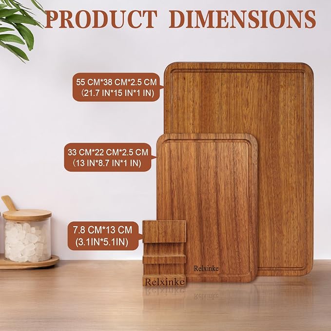 Solid Teak Wood Cutting Board Set One Piece Non Glued Extra Large Thick Crack Resistant Wooden Chopping Board with DeepJuice Grooves Built in Handles for Kitchen Meat 21.7x15 IN+13 * 8.7IN