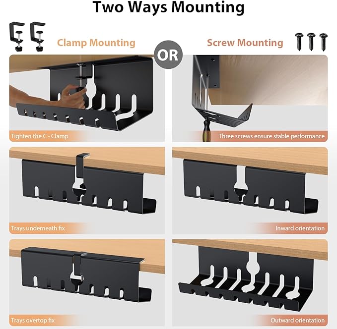 Syeeiex Under Desk Cable Management Tray, 34" Total Length (17"×2 Set), No-Drill C-Clamp & Screw Mount, Heavy Duty Metal Cord Organizer with 10 PCS Cable Ties, for Office Home Workspace, Black, 2-Pack