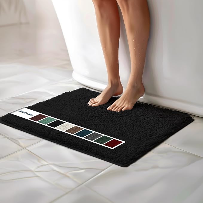 Muddy Mat Chenille Bathroom Rugs Quick Dry Microfiber Mats Non Slip Washable, Extra Thick, Soft and Highly Absorbent Bath Mats for Bathroom, Kitchen, and Shower Floor - Black Medium 30"X19"