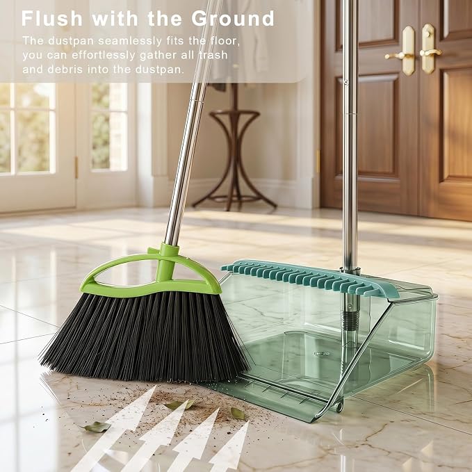Soft Bristles Green Angle Broom and Dustpan Set, Long Handle Household Indoor Broom with Dustpan Combo Set for Room Kitchen Lobby Office Hardwood Floor Sweeping Floor Cleaning