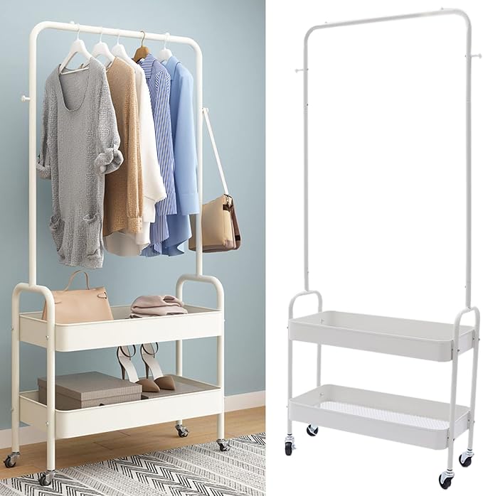 Clothing Rack, Portable Hanging Storage Organizer Garment Rack Clothing Racks with 2 Tier Basket Floor Standing Clothing Rack with Wheels for Home Bedroom Laundry (White)