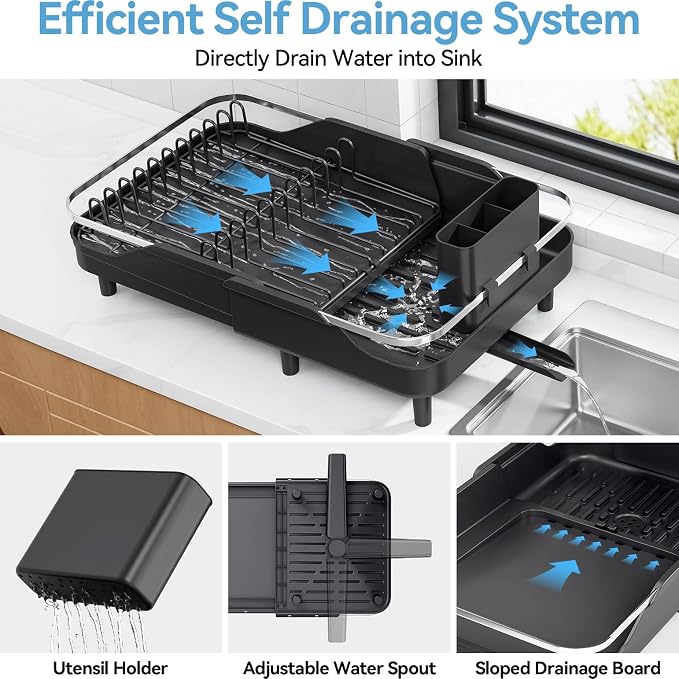 Urackify Expandable Dish Drying Rack for Kitchen Counter, 16.2-23.7", Black | Adjustable Capacity, Countertop-Stay-Dry Drainboard, Stable Plate Rack, Spave Saving for Apartment, RV, Dorms