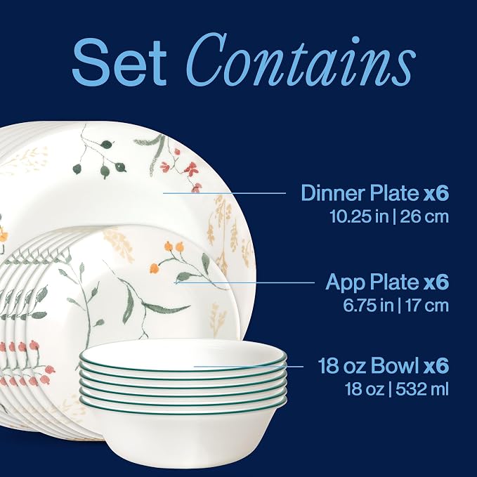 Corelle Vitrelle 18 Piece Glass Dinnerware Sets Service for 6, Triple Layer Chip & Crack Resistant Glass Plate and Bowl Sets, Wildflower