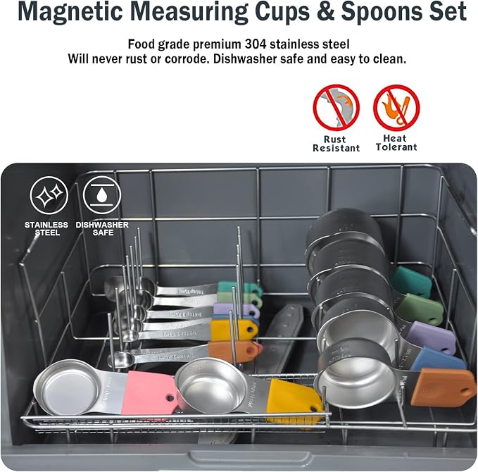 EDELIN Magnetic Measuring Cups and Spoons Set, Stainless Steel 7 cup and 7 spoon with 1 Leveler, 18/8 304 stainless steel (Multicolour 15 sets)