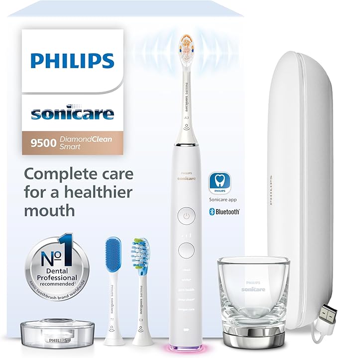 Philips Sonicare DiamondClean Smart 9500 Electric Toothbrush - Sonic Toothbrush with App, Pressure Sensor, 15 Brushing Settings, Replacement Reminder, USB Charging Travel Case, White, Model HX9923/01