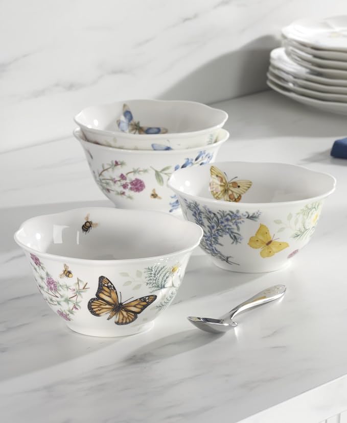 Lenox Butterfly Meadow Herbs Porcelain Rice Bowls, 18oz, Set of 4 | Dishwasher safe | floral design | kitchen and dining essential | 2.813 inch, 18oz, gift for women, mixing bowls