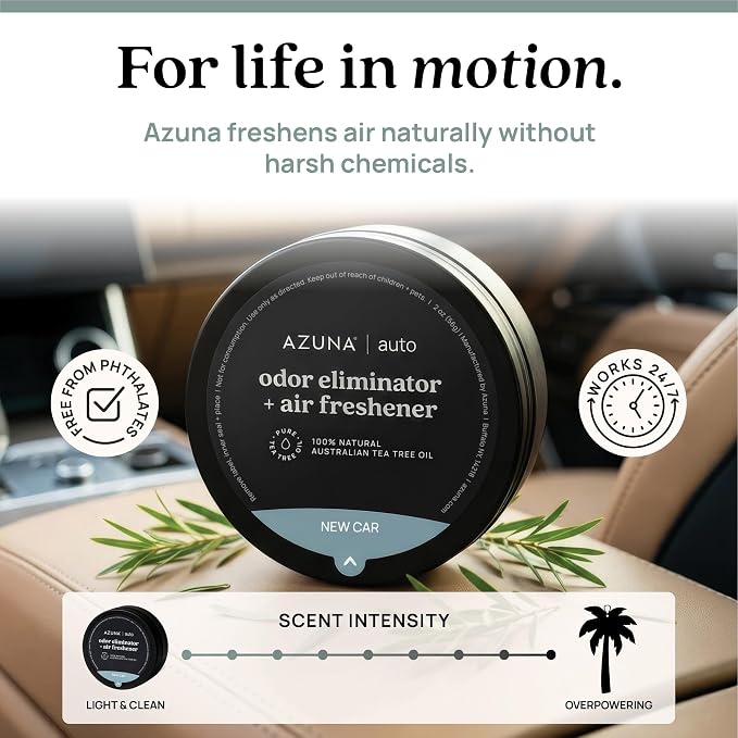 Azuna Car Air Freshener & Auto Odor Eliminator Pods Trio | New Car Scent | Plant Powered by 100% Australian Tea Tree Oil | Long Lasting and No harsh chemicals | Made in USA | 3 Pack of 2oz Pods