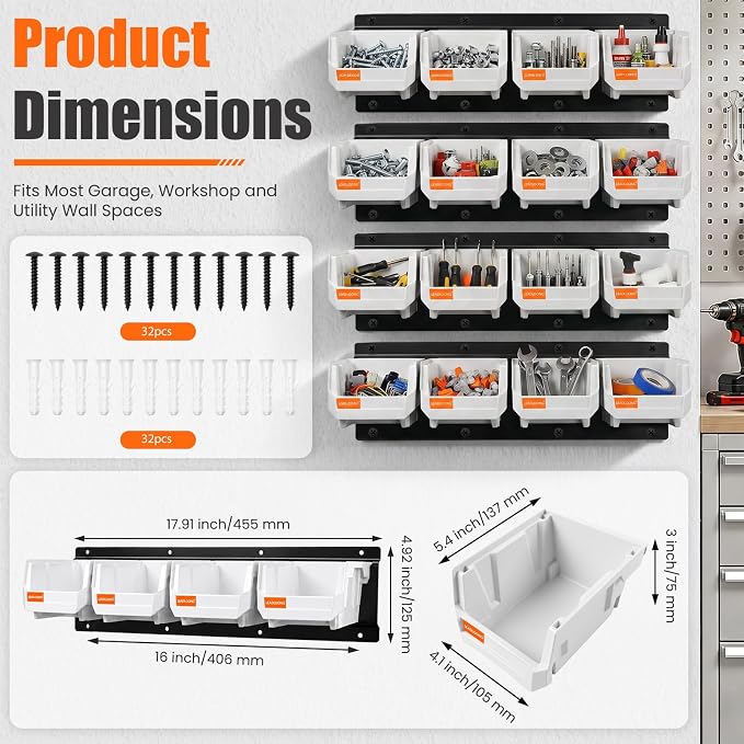 16pc Wall-Mounted Storage Organizer Set with Metal Rails White | Heavy duty tool organization box with metal rails. Ext 5"x4"x3" for garage screws nuts bolts.