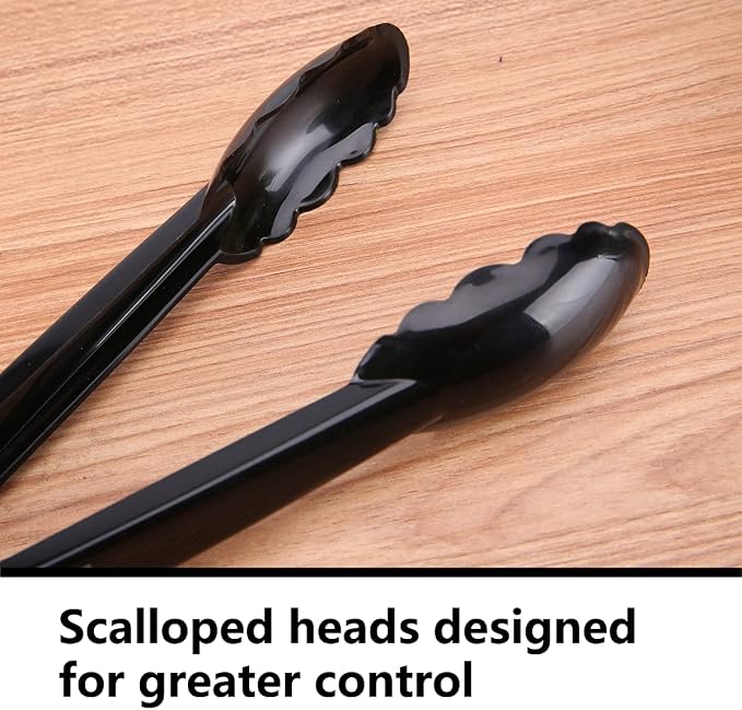 Plastic Tongs for Kitchen, Disposable Utensils Set, 12 Pieces, 9 Inch Heavy Duty Scalloped Salad Serving Tongs, Food Safe Material, Perfect for Buffets and BBQ (12, Black)