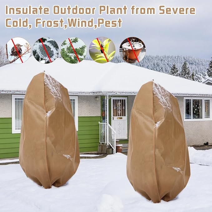 4 Pcs Winter Plant Covers Freeze Protection Reusable Plant Protector Bag with Drawstring Warm Shrubs Cover Frost Protection Planting Jacket Bags for Outdoor Garden, Brown (63 x 70.9 Inch)