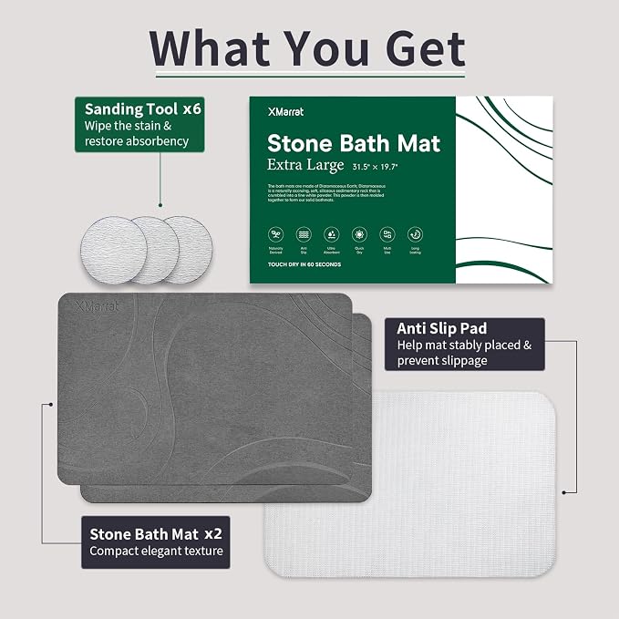 XMarrat Large Stone Bath Mat 2 Pack, 31.5'' x 19.7'' Super Absorbent Diatomaceous Earth Bath Mat Large, Quick Drying Non-Slip Diatomite Stone Bath Mats for Bathroom, Easy to Clean