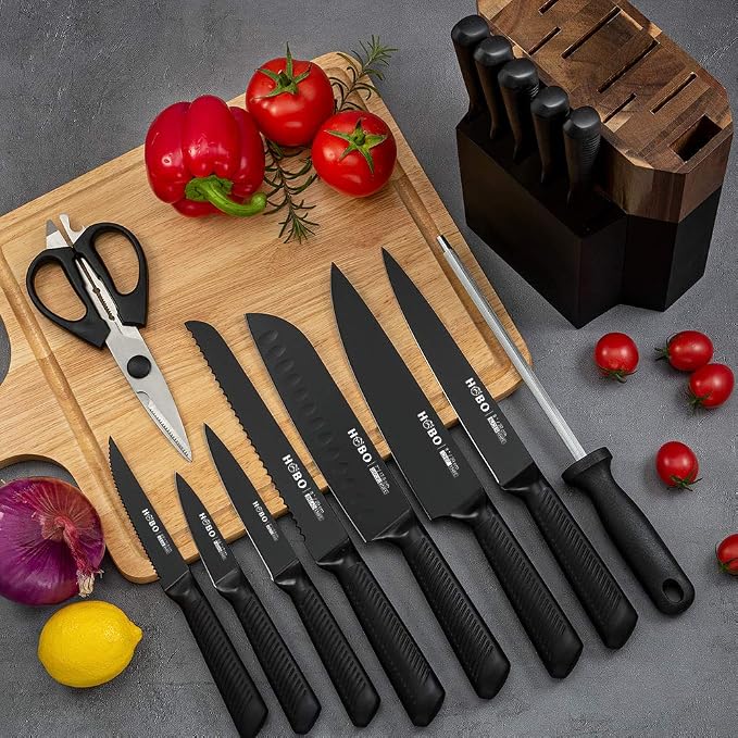 Knife Block Set, 15 Piece Kitchen Knife Set with 6 Steak Knife Set with Sharpener Chef Knife High German Carbon Stainless Steel Knife with Wooden Block Bread Knife Boxed | High German Carbon Stainless Steel, with 6 Pieces Steak Knives, with Sharpener a...