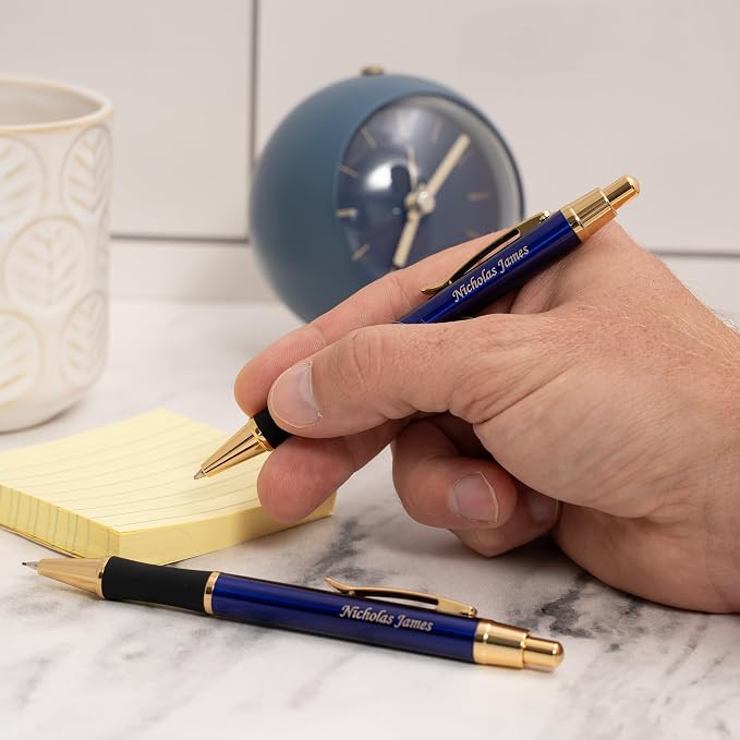 Dayspring Pens Monroe Blue Ballpoint Pen and Pencil Set, Gold Accents, Custom Engraved — Graduation, Promotion, Anniversary, or New Job Gift