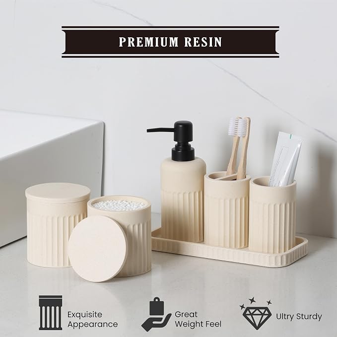 INIUNIK Bathroom Accessory Set - 6 Pieces Bathroom Accessories Set Complete with Soap Dispenser, Toothbrush Holders, Tumbler, Vanity Tray and 2 Qtip Holder for Home Organizer and Decor, Beige