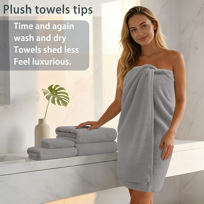 VOOVA & MOVAS 6PC Towel Set, 100% Cotton, Gray | 2 Large Bath 30x56 In, 2 Hand 18x28 In, 2 Washcloths 13x13 In, Quick Dry, Thick, Soft, Bathroom Essentials