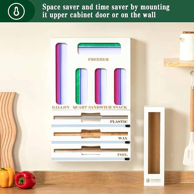 Calmbee 9 in 1 Bamboo Storage Bag Organizer for Kitchen Drawer – Plastic Wrap Dispenser with Cutter & Foil Organizer, Wooden Baggie Organizer for Sandwich, Snack, Gallon, Quart Sizes, White