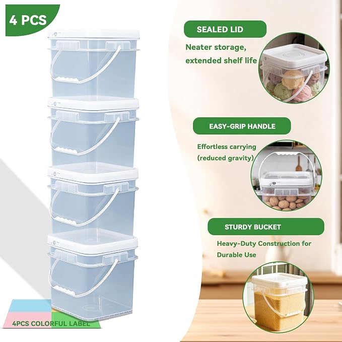 Food Storage Buckets with Lids - 4 Set Square Clear Plastic Containers, Airtight Pressure Seal & Handle for Kitchen Freezer Prep (Clear, 1.3 gal)