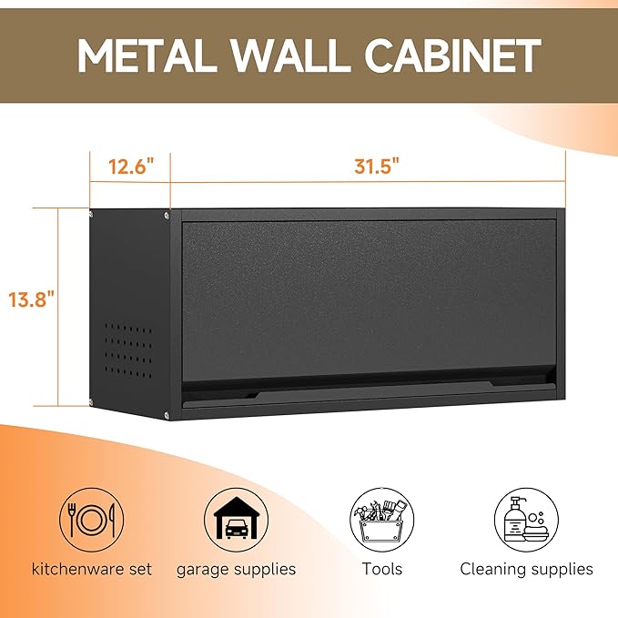 Coolsun Metal Wall Cabinet, 12.6" H Garage Wall Cabinet with Up-Flip Door | 31.5" W Wall Mounted Metal Storage Cabinet for, Garage,Basement,Ware House Assembly Required