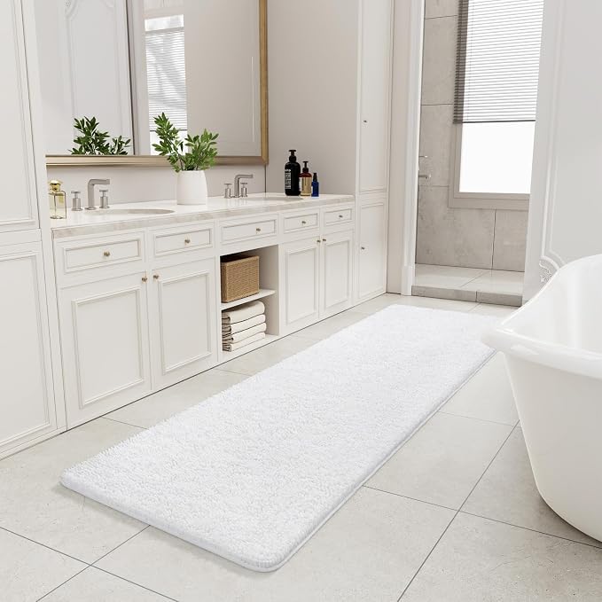 LOCHAS Luxury Bathroom Rug Shaggy Bath Mat 24 x 80 Inch, White | Washable Non Slip Bath Rugs for Bathroom Shower, Soft Plush Chenille Absorbent Carpets