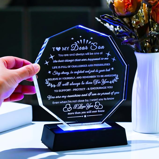 Arikyrist Son Gifts with Coloful LED Base Meaningful Birthday Gifts for Son from Mom Dad Inspirational Crystal Keepsake for Graduation Gifts for Adult Son To My Son Present on Fathers Day Christmas Valentines
