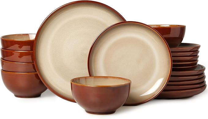 Pokini Ceramic Dinnerware Sets for 6, 18 Pieces Stoneware Plates and Bowls Sets, Chip and Crack Resistant Dishes, Dishwasher & Microwave Safe Dishware Sets, Brown Yellow