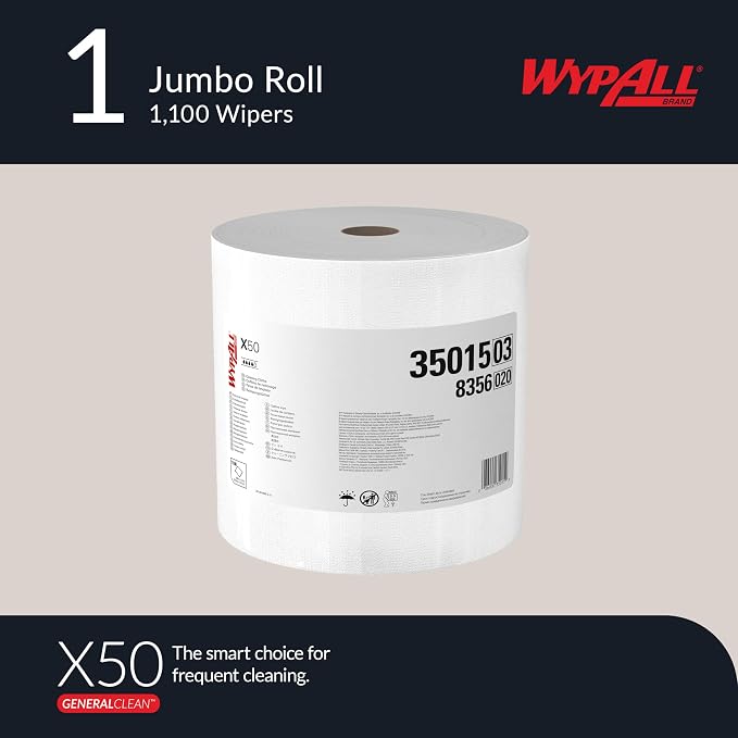 WypAll GeneralClean X50 Cloths Cleaning Wipes (35015), Jumbo, Strong Towels for Extended Use, White (1 Roll of 1,100 Sheets, 1,100 Sheet Total)