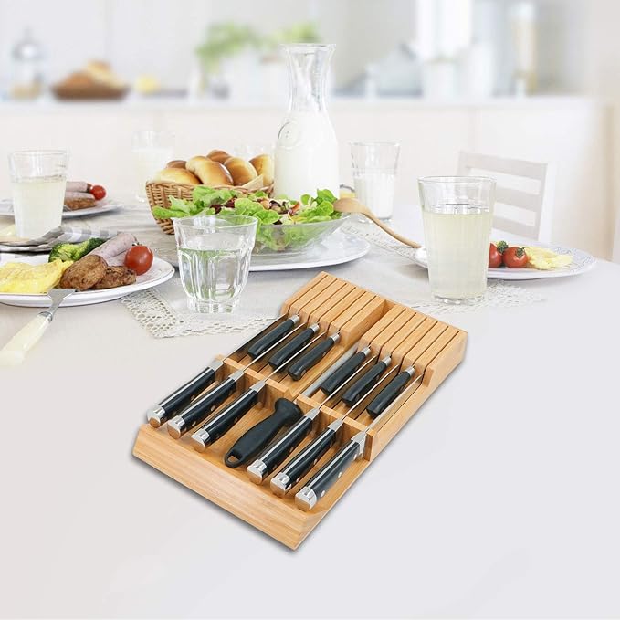 Utoplike in-Drawer Knife Block Bamboo Kitchen Knife Drawer Organizer, Handle Steak Knife Holder Without Knife, Fit for 12 Knives and 1 Sharpening Steel (Knives Not Included)