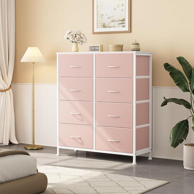Sweetcrispy 8 Drawer Fabric Dresser for Bedroom, Tall Dresser, Pink | Sturdy Chest of Drawers, Steel Frame and Wooden Top, Closet Living Room Storage Organizer with Easy Pull Handles