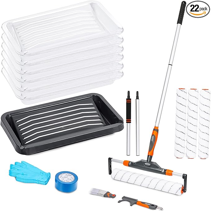 22pcs 12"-18" Adjustable Large Paint Roller with Tray & Liners Kit: 1-5Ft Aluminum Extension Poles, Brush & Roller Cleaner, 18" Nylon Covers for Walls,Ceiling,Floor,Interior,Exterior Painting