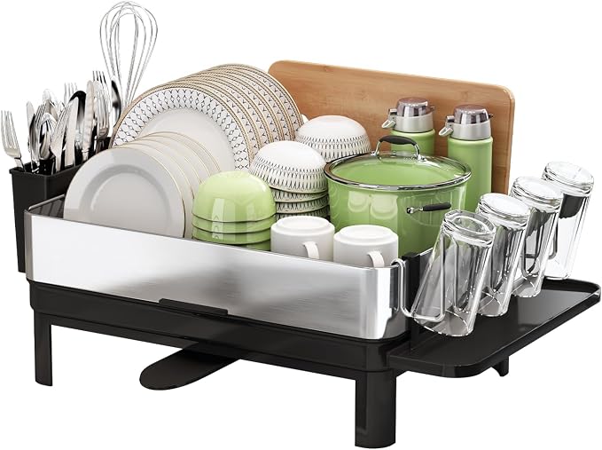 1 Tier Large Stainless Steel Dish Drying Rack with Drain Board | Space Saving, Rust Proof Metal, Automatic Drainage Drainer for Kitchen Counter, Modern Black and Silver for Pots and Pans