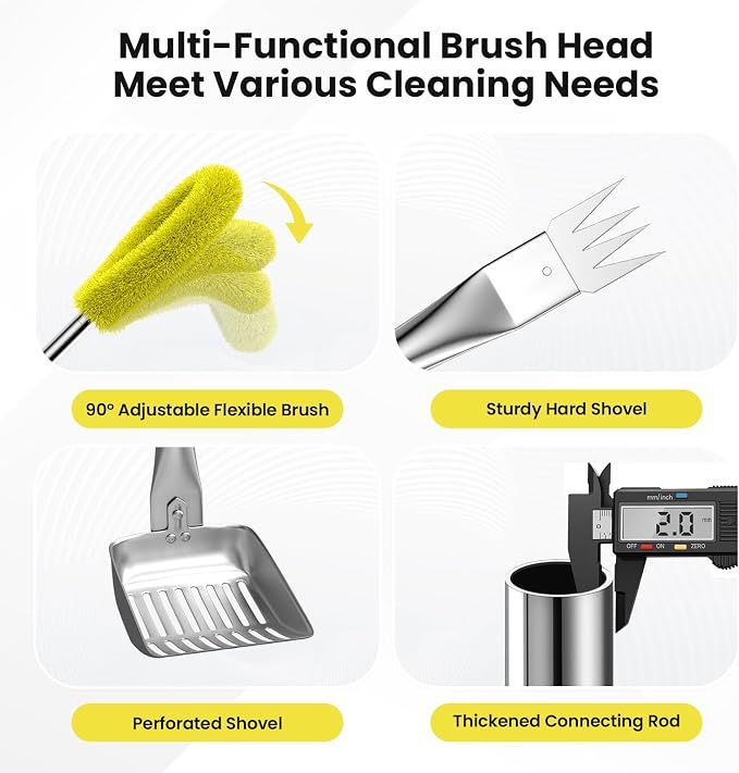12 FT Gutter Cleaning Tools for Outdoor - Gutter Cleaner Pole with Shovel & Brush for Roof Rain Gutters, Cleans Leaves, Branches & Debris - No Ladder Needed (Yellow)