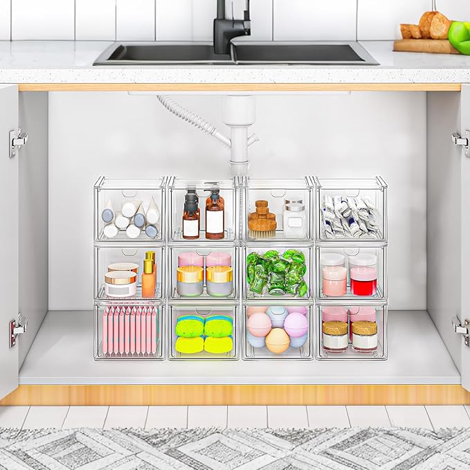 caktraie 6 Pack Small Clear Stackable Acrylic Storage Boxes for Art Tool & Sketch, Stroage Drawers, Makeup Organizer, Plastic Storage Bins For Vanity, Kitchen Cabinets, Pantry, Home Organization