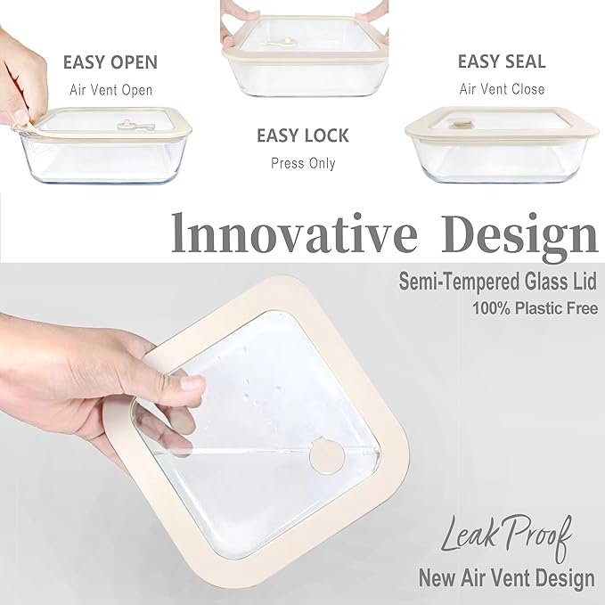 Glass Food Container Set with Glass Lid, 3 Pack, Food Storage Containers Set, Airtight, LeakProof, 100% Plastic Free, Meal Prep Containers (White Color)