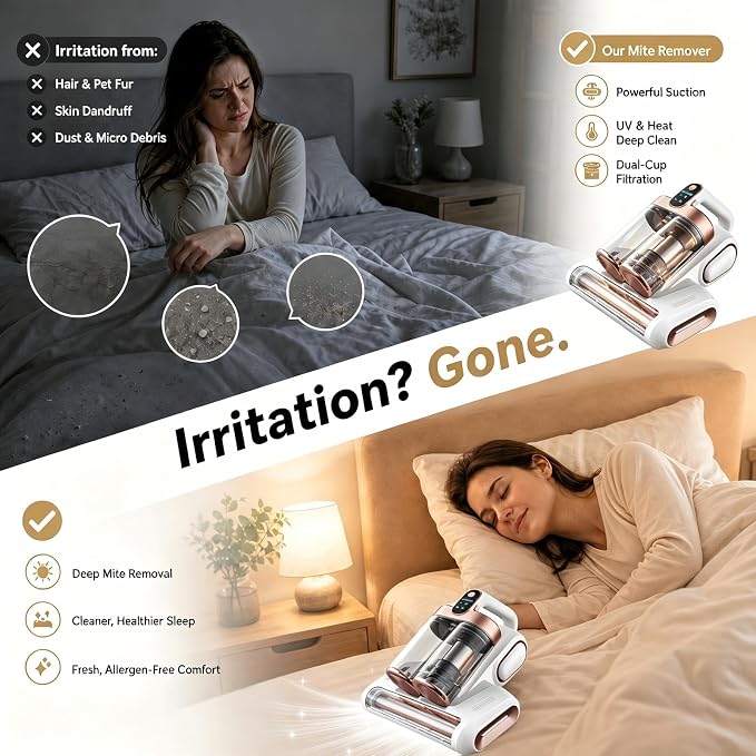 Cordless Mattress Vacuum, Rechargeable Handheld Dust Remover | Strong suction for bed, carpet, sofa, car. Portable for home & dormitory. Rechargeable battery. Lightweight. White.