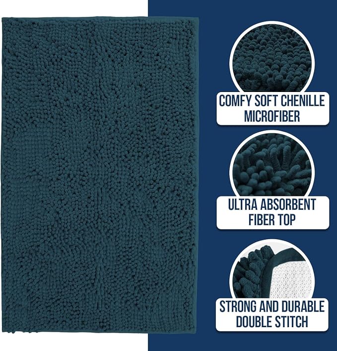 Muddy Mat® | Chenille Bathroom Rugs Quick Dry Microfiber Mats Non Slip Washable, Extra Thick, Soft and Highly Absorbent Bath Mats for Bathroom, Kitchen, and Shower Floor - Atlantic Blue 24"x36"