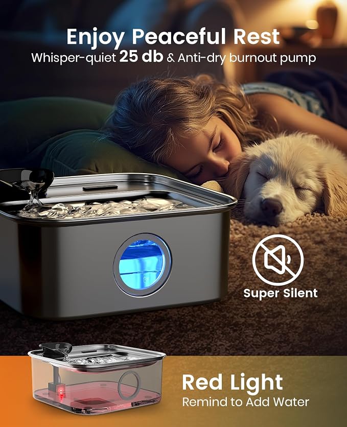 oneisall 10L/2.6Gal Dog Water Fountain for Large Dogs (with 5 Filters) | Deeper & Wider Drinking Area, Visualization Water Window & Triple Filtration,304 Stainless Steel